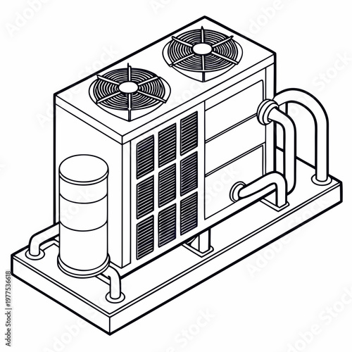 An isometric line drawing illustrates a rectangular air conditioning unit with two fans cylindrical components and connecting pipes high quality professional detailed