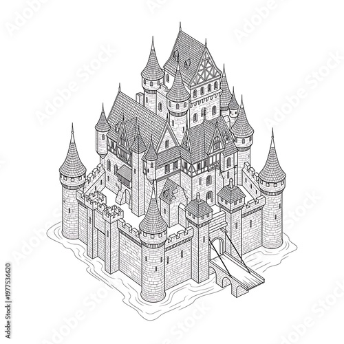 Isometric Medieval Castle Line Art - Fantasy Architecture Coloring Page Outline