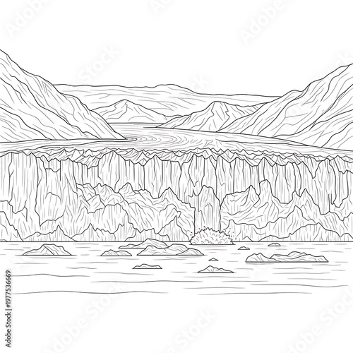 Majestic Glacier & Mountains Landscape Outline - Arctic Nature & Climate Change Vector