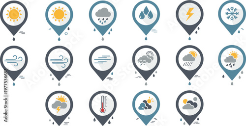 Collection of Weather Forecasting Icons Representing Different Weather Conditions such as Sun, Rain, Snow, Storm, Wind, and Temperature