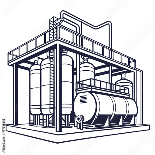 An illustrative blueprint depicts a complex industrial facility with cylindrical tanks pipelines and structural support beams high quality professional detailed modern elegant