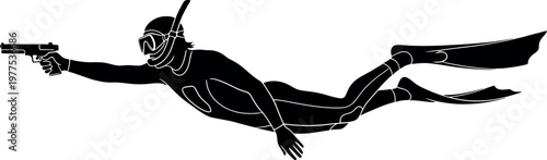 Black and white silhouette of a scuba diver exploring the underwater world with fins and gear