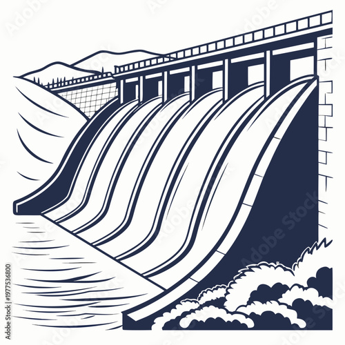 A detailed black and white illustration depicts a large concrete dam with cascading water flowing into a river below framed by foliage