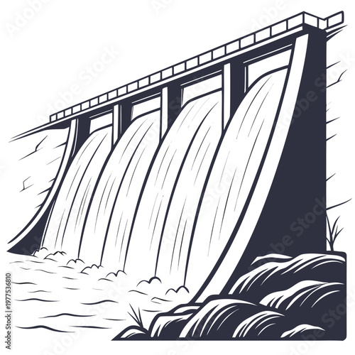 A monochrome illustration depicts a massive concrete dam with water powerfully cascading through its multiple spillway gates high quality professional detailed modern