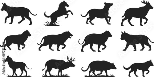Set of Wild Animals Silhouettes Including Wolf Lion Horse and Deer