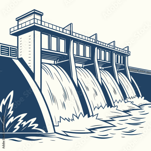 A detailed illustration showcases a large hydroelectric dam with flowing water architectural design and surrounding natural elements high quality professional modern elegant
