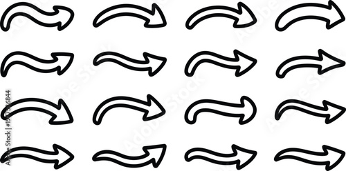 Collection of various hand drawn curved right pointing arrows  simple navigation symbols