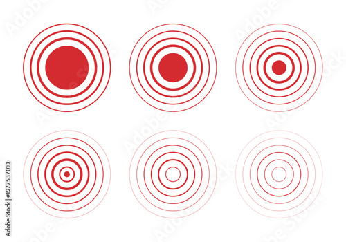 Pain concentric circle icon set. Inflammation pulse signal. Ache mark. Hurt relief. Red ripple circles. Health graphic wave sign. Body disease target. Headache, muscular pill. Vector illustration
