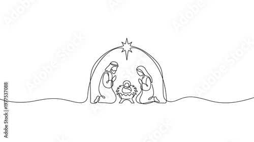 Simple Line Art Nativity Scene with Star and Holy Family in Stable
