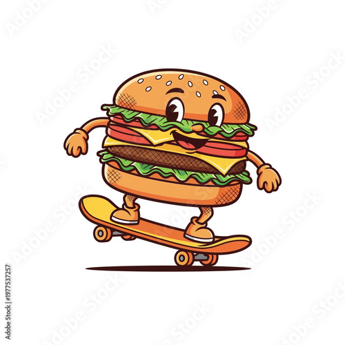 A cartoon hamburger character with a smiling face riding a skateboard.