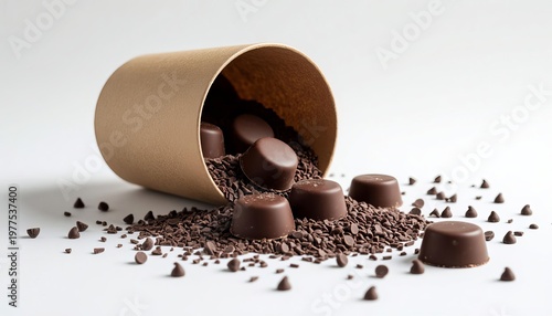 a container tipped over with chocolate pieces scattered around. Chocolate pieces and chocolate crumbs create a mess on the white surface.