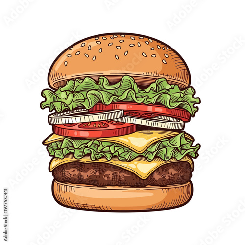 A delicious double cheeseburger with lettuce, tomato, onion, and sesame seed bun, presented in a detailed illustration.