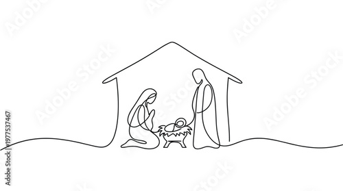 Nativity scene in minimalist continuous line art style showing Mary Joseph and baby Jesus in a stable a symbol of Christmas and faith