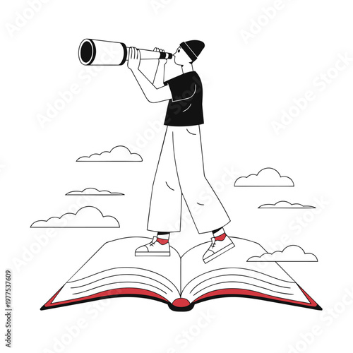 Visionary individual standing on a knowledge book, observing distant possibilities with a scope