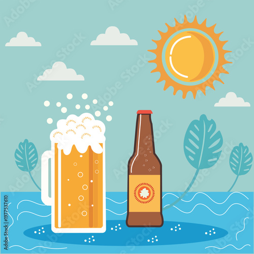 Cold beer mug and bottle on sunny beach summer refreshment