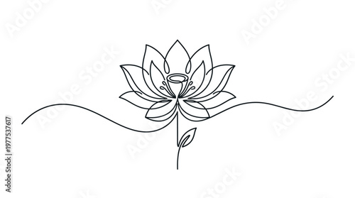 Elegant single line drawing of a lotus flower with flowing stem and leaves symbolizing peace and tranquility