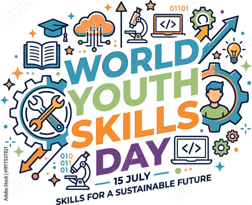 World youth skills day illustration with icons representing learning and technology graduation cap career path education learning technology development lightbulb inspiration vocational