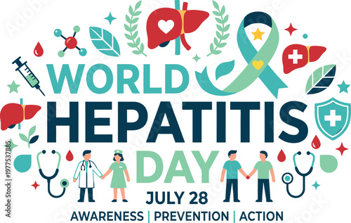 World hepatitis day illustration with icons related to health and awareness health care medical icons disease awareness public health prevention campaign awareness prevention research