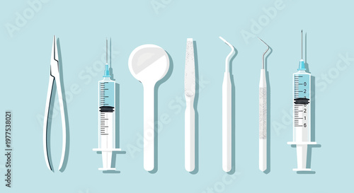 A set of medical tools and equipment for healthcare professionals on a light blue background