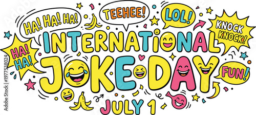 International joke day colorful graphic with funny faces and text speech bubble laughter celebration greeting illustration typography entertainment