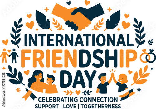 International friendship day graphic with handshake and diverse people high five friendship connection togetherness handshake celebration greeting community happiness illustration together