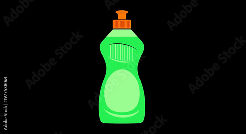 A green bottle of dish soap with an orange cap on a black background