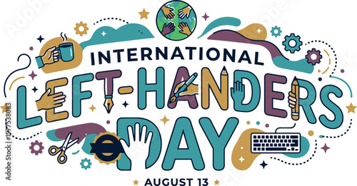 International Left Handers Day Vector Illustration with Creative Tools and Hands, August 13 Celebration Design