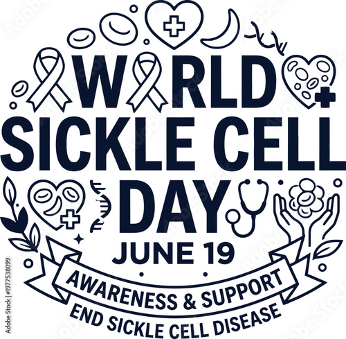 World sickle cell day awareness graphic with medical symbols and ribbons awareness treatment prevention research disorder illustration stethoscope advocacy