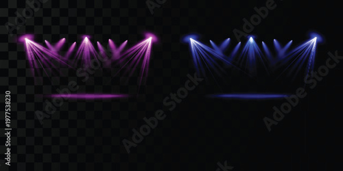 Set of purple and blue concert stage spotlights isolated on transparent background
