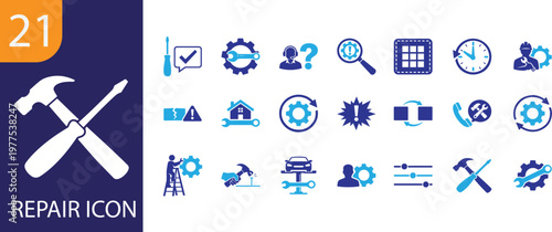 Quadro su tela Repair icon set with tools, maintenance, fixing, and service symbols for technical and home use