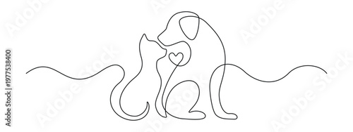Continuous one line drawing of cat and dog together. Minimalist veterinary clinic logo with cute pets. Simple outline icons for animal hospital or vet care design. Contour Vector illustration
