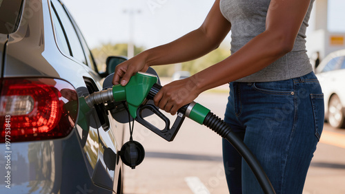 Foto woman is refueling a car,
A driver is filling up the vehicle,
The scene shows a