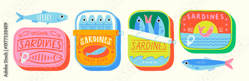 Funny hand drawn canned fish cartoon illustration set. Colorful tinned sardines sea food graphic element collection. Sardine can drawing bundle on isolated background.