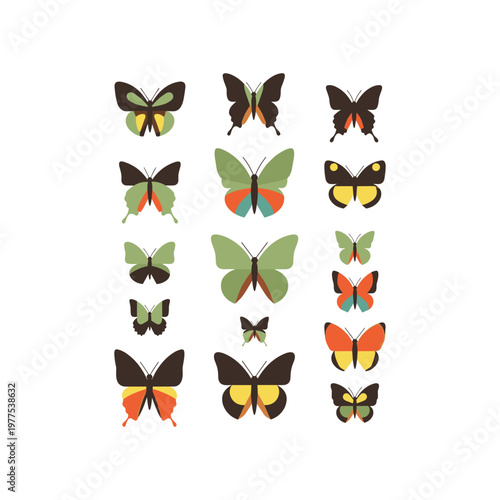 A diverse collection of illustrated butterflies with varied wing patterns and colors