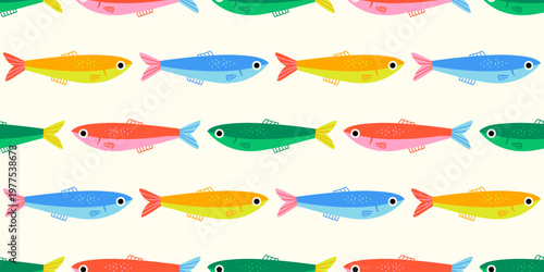 Colorful fish animal seamless pattern. Summer background design. Vacation travel concept. Fishing activity flat cartoon backdrop illustration.