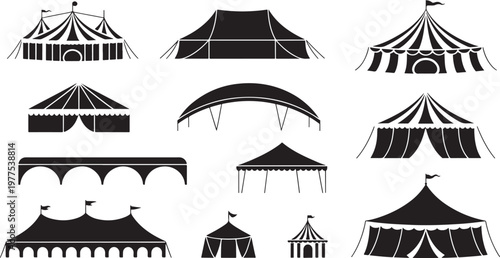 Camping tent collection outdoor shelter icons set travel adventure silhouette