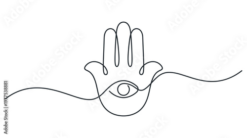 Minimalist continuous line drawing of the Hamsa hand with an eye symbol, representing protection and good luck, isolated on white background