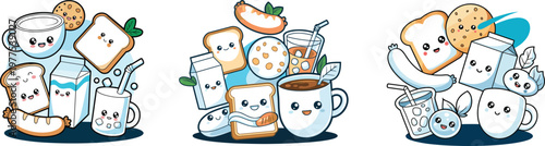PrintPlayful cartoon breakfast food characters with smiling faces including coffee, bread, cookies, milk, juice, croissant, banana, and cheerful morning meal illustration design