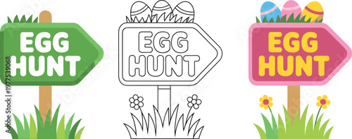 Colorful Easter egg hunt directional signs with grass flowers and decorated eggs in flat vector and line art styles.