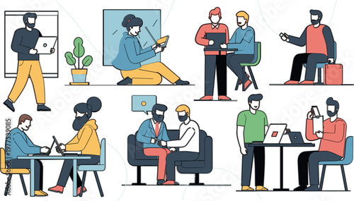 Modern people working and collaborating in office scenes set, business teamwork, remote work, meetings and freelance activities flat vector illustration collection