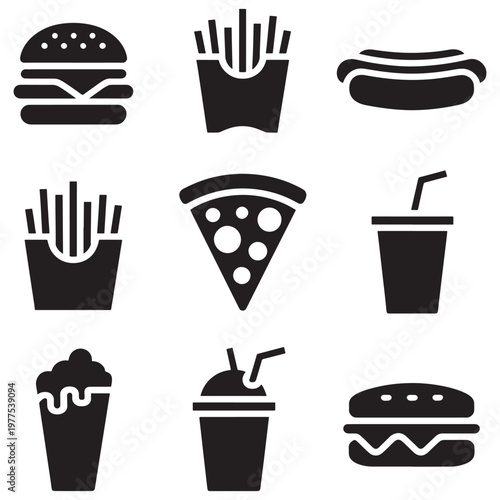 Assorted black and white icons of popular fast food items and drinks