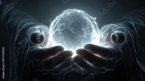 Calm hands cradle luminous sphere, ethereal glow, abstract magic