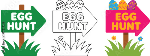 Colorful Easter egg hunt directional signs with grass flowers and decorated eggs in flat vector and line art styles.