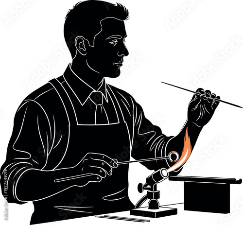 Vintage illustration of a glassblower at work crafting with intense focus and skill