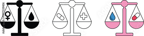 Medical justice scales set featuring gender symbol blood drop medicine pill and cross icons for healthcare equality and ethics.