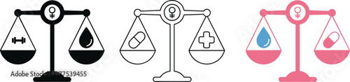 Medical justice scales set featuring gender symbol blood drop medicine pill and cross icons for healthcare equality and ethics