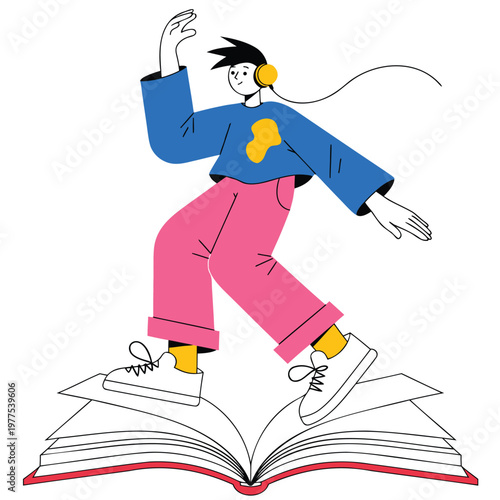 Young person in headphones enjoying music while balancing on an open book, symbolizing the joy of reading and learning