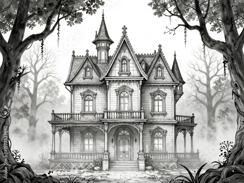 Spooky Victorian mansion shrouded in mist with bare trees and gothic architecture