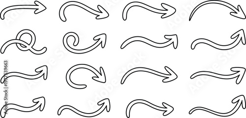 Collection of various hand drawn curved and straight arrows on white background