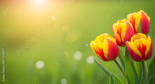 Bright sunlit green background with yellow and red tulips in foreground.